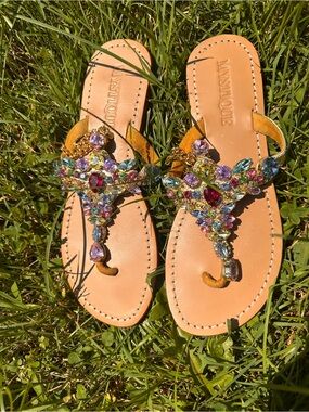 Mystique Boutique Jeweled T-Strap Sandals - Tan with Multicolor Gems